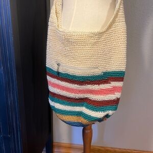 Crocheted Boho Hippie Cream and Green Striped Shoulder Bag NOS